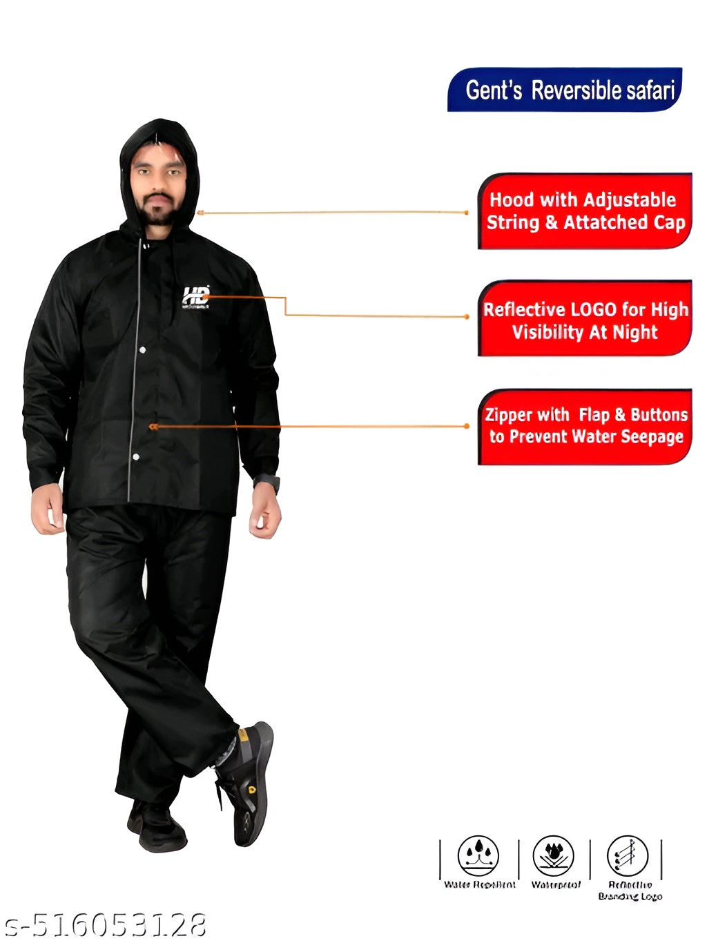 Men Solid Reversible Double Layered High Quality Waterproof Raincoat